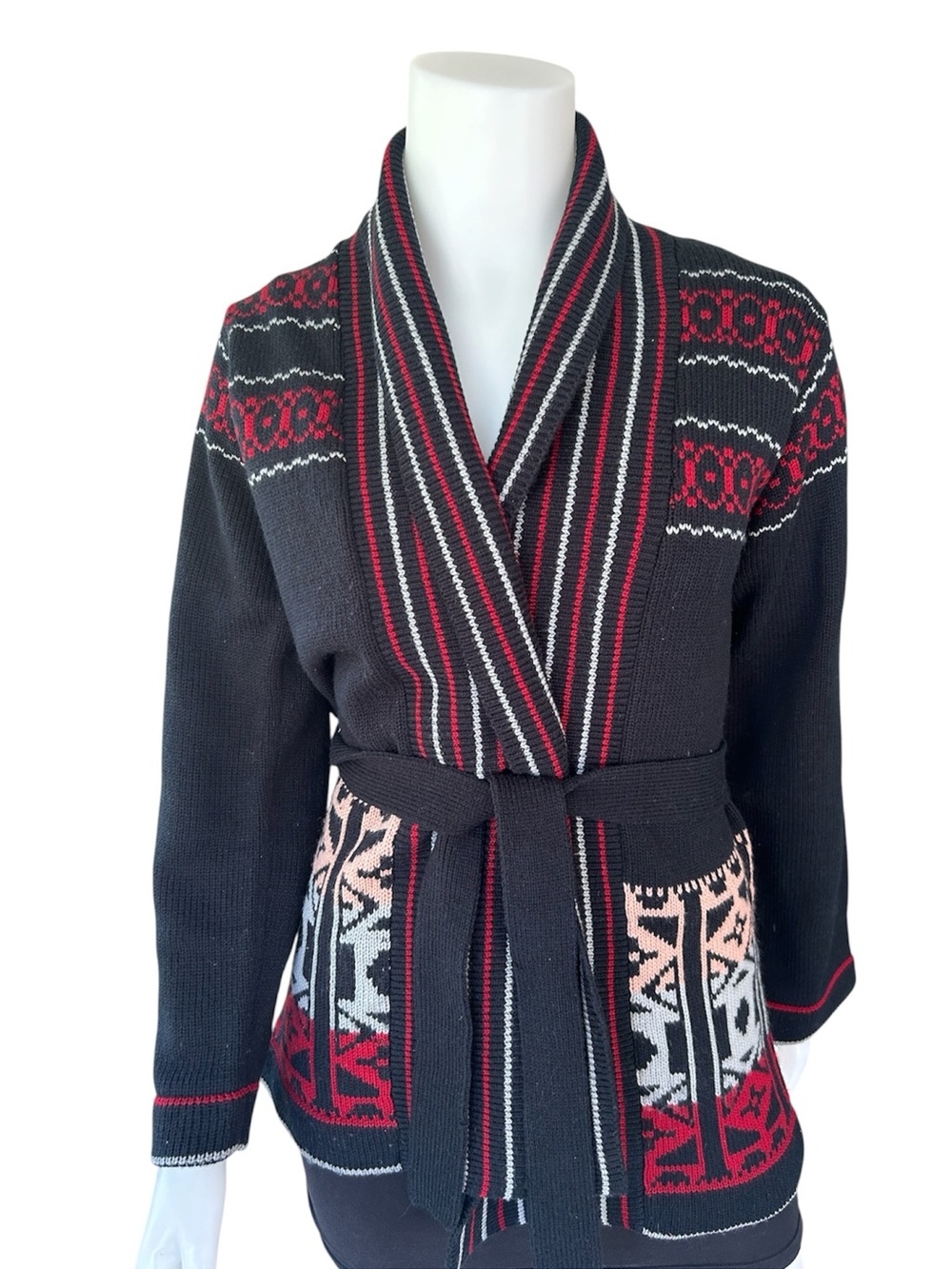 Vintage Knit Cardigan Sweater Boho Southwestern Aztec Fair Isle 70s Belt